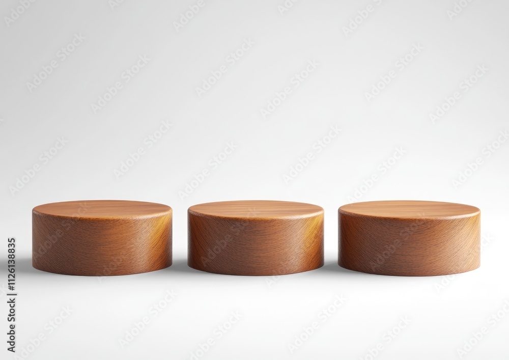 Poster Three smooth wooden cylinders arranged in a row on a light background.