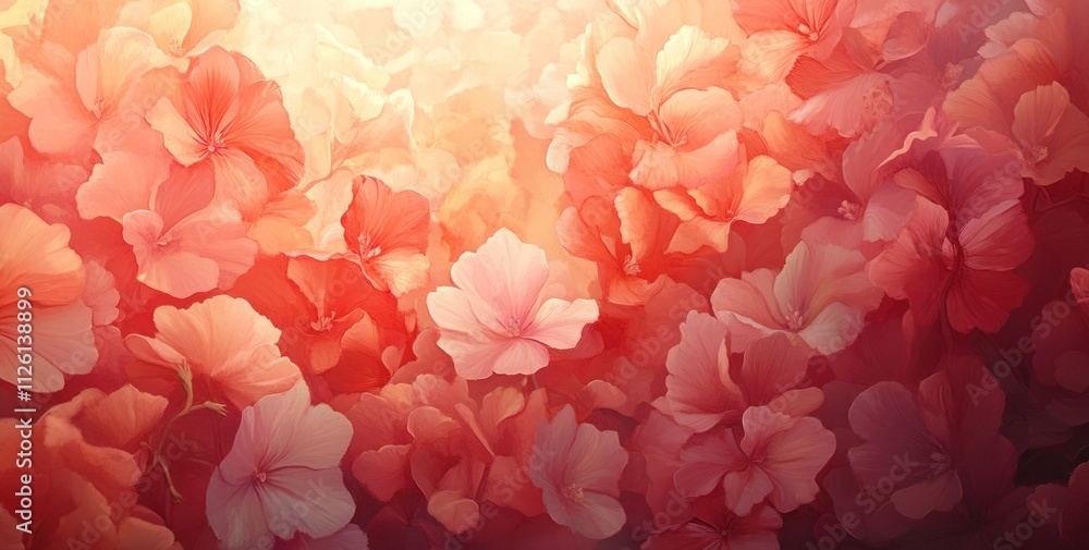 Poster a vibrant array of pink and coral flowers blending harmoniously in a soft gradient background.