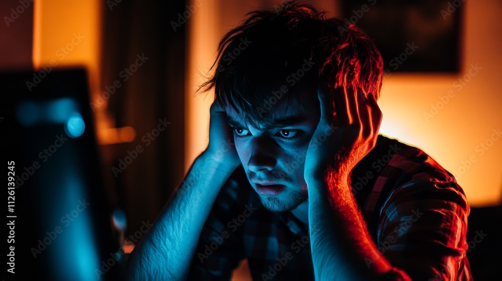 Poster a man is sitting in front of a computer monitor