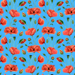 Obraz premium Seamless rich red flowers and buds pattern with light blue background