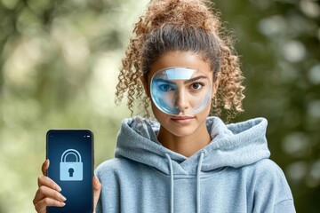 minimal photostock of a  Laptop, phone and hologram of woman for data protection, safety software...