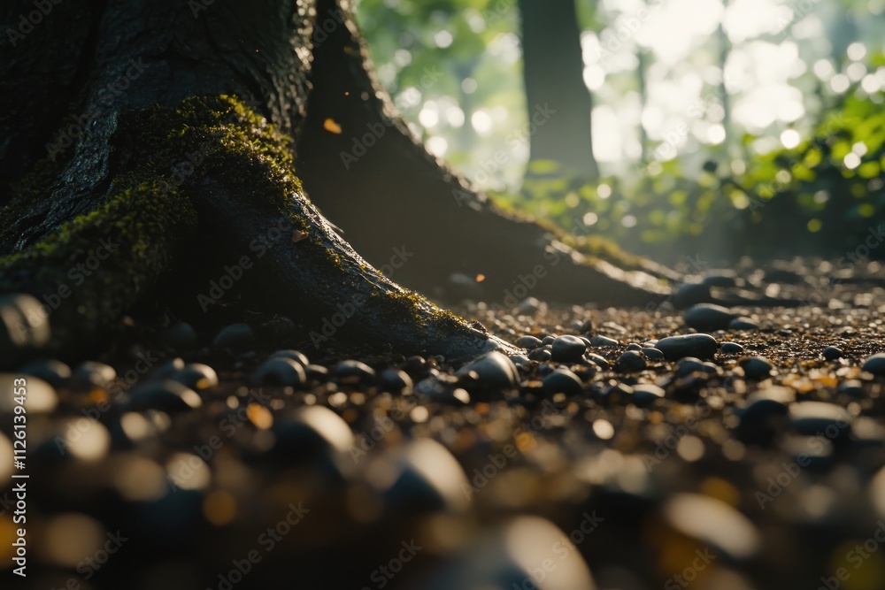 Poster a close-up view of a tree root surrounded by pebbles and soft lighting in a forest setting.