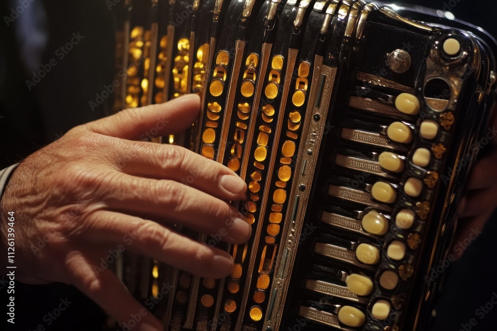 Poster A close-up of a hand playing an accordion, highlighting its keys and buttons.