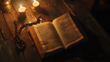 Open holy book with rosary beads and candles on rustic wooden table at night.