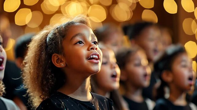 video of children singing in church choir, close up, singing, kids performing on stage, singer, girls and boys singing at school concert, african american musician