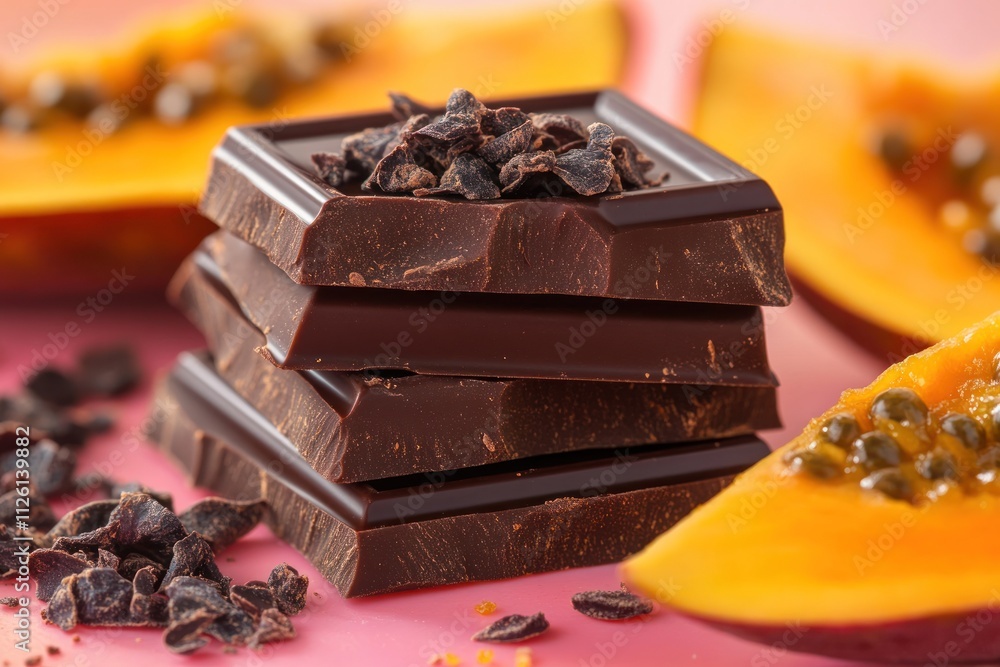 Poster a stack of dark chocolate bars with papaya slices and cacao nibs on a vibrant pink background.
