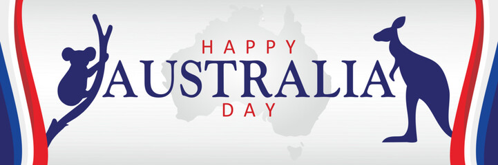 Happy Australia Day lettering with kangaroo, koala, and Australia map. Calligraphic Australia Day typography with national flag elements for greeting card or poster design. Vector illustration.