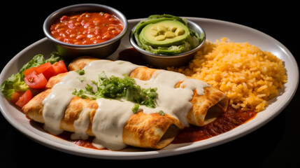 Chicken enchiladas topped with melted cheese and salsa, Chicken enchiladas stock photo