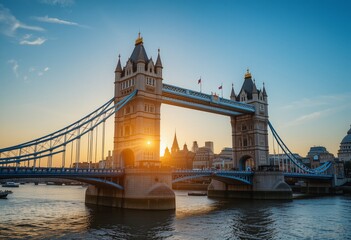View of Tower Bridge over the River Thames in London with iconic architecture and with cool morning sunlight