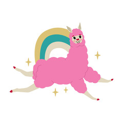 Pink llama happily jumping on a rainbow. Traditional South American decor elements. Cute characters for children's t-shirts and posters. Vector illustration isolated on a transparent background.