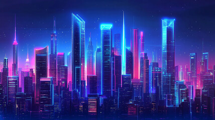 Obraz premium Vibrant Futuristic City Skyline at Night with shiny and glowing neon lights, abstract ultra modern light effect of cityscape featuring sleek modern architecture illuminated by vibrant neon lights.