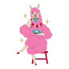 Pink cheerful llama decorated with traditional South American decor elements drinks tea sitting on a chair. Cute characters for children's t-shirts and posters. Vector illustration