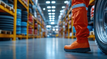 Fototapeta premium Parts seals automotive Worker in orange safety gear stands near a tire in a warehouse aisle, showcasing industrial settings.