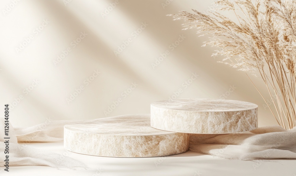 Aufkleber Minimalist display featuring textured circular platforms and dried plants against a soft backdrop.