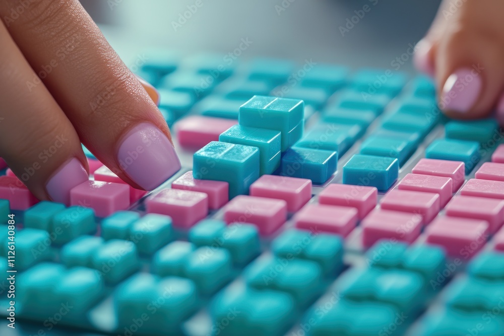 Fototapete a close-up of hands manipulating colorful blocks on a grid surface.