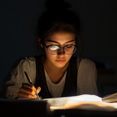 A determined student studying late at night