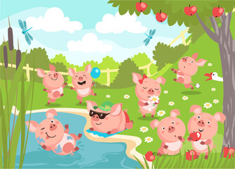 Pigs play outdoor. Farm animals having fun in nature. Frolicking in pond. Picking flowers. Happy piglets eat apples. Domestic mammals. Games at garden meadow. Splendid vector concept © VectorBum