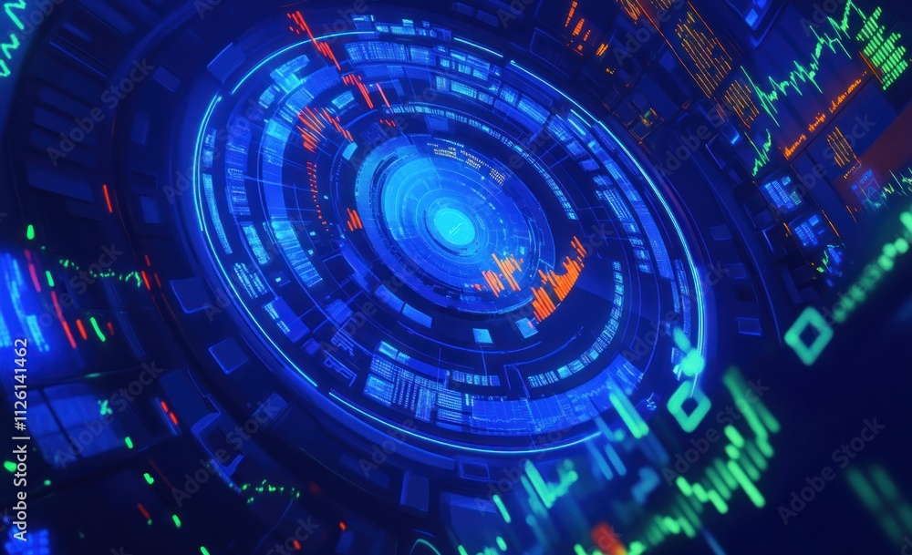 Poster a futuristic digital interface displaying data and analytics in vibrant blue and orange hues.