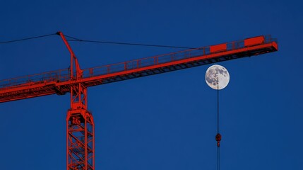 Construction Crane and Full Moon in the Night Sky