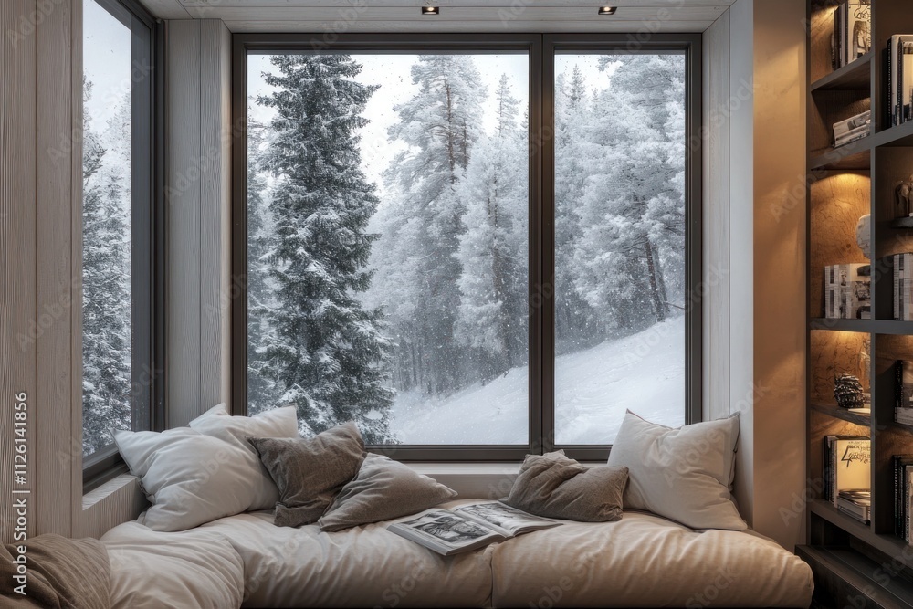 Poster cozy indoor seating with snowy forest view through large windows.