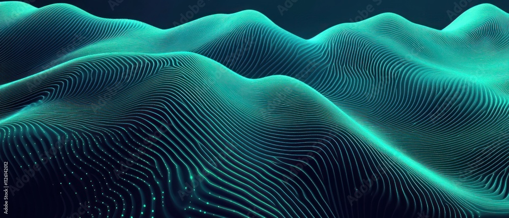 Poster Abstract representation of flowing waves with glowing lines and patterns.