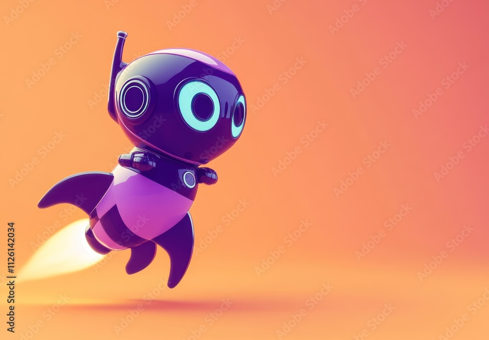 Aufkleber a cute robot character with a rocket pack, flying against a colorful background.