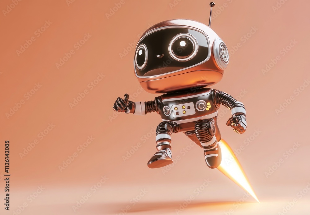 Fototapete A cute robot character with a jetpack, playfully hovering in a light-colored background.