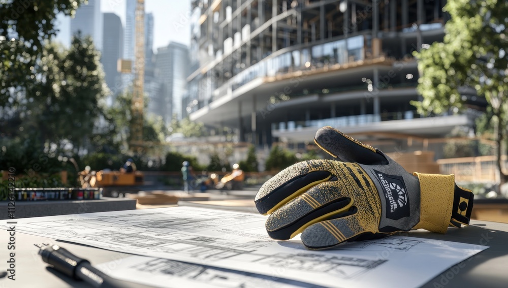Poster a construction site with a glove resting on blueprints amidst a modern urban environment.