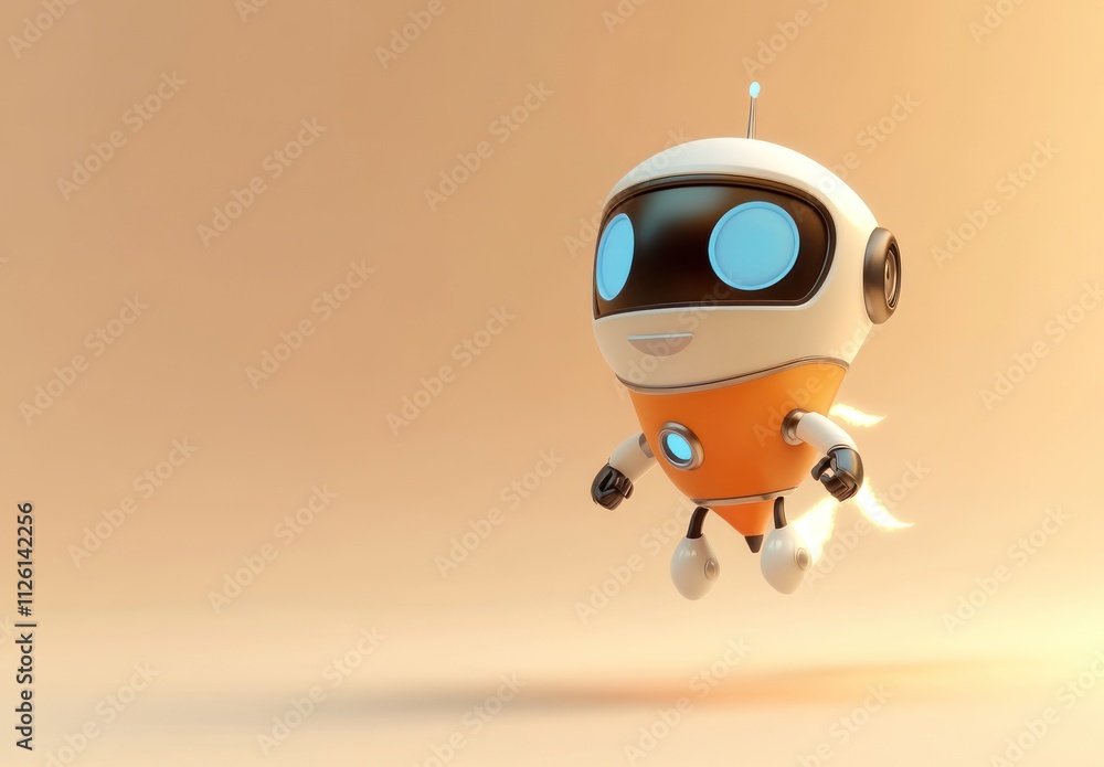 Aufkleber a cheerful, cartoonish robot character floating in a playful, minimalist environment.