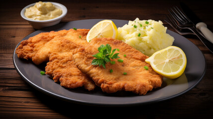 A plate of crispy chicken schnitzel with lemon wedges, served with a side of potato salad.