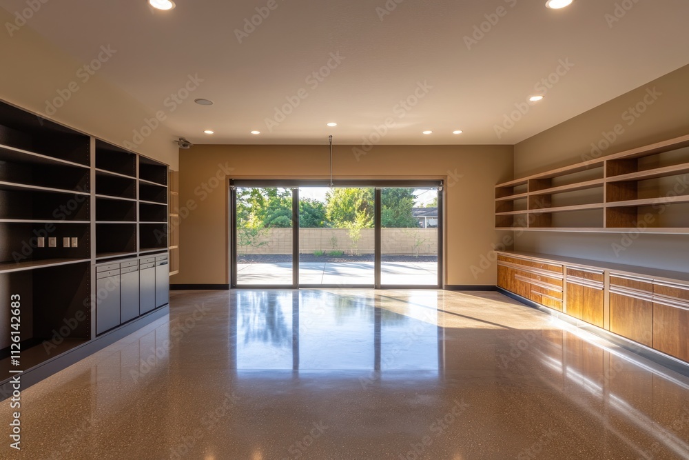 Aufkleber spacious room with built-in shelves and large windows, ideal for storage or a workspace.