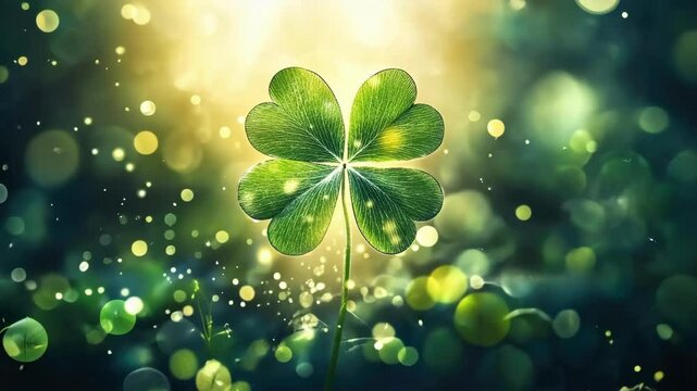 Close-up of a four-leaf clover in sunlit forest setting. Happy St. Patrick's Day. Saint Patrick