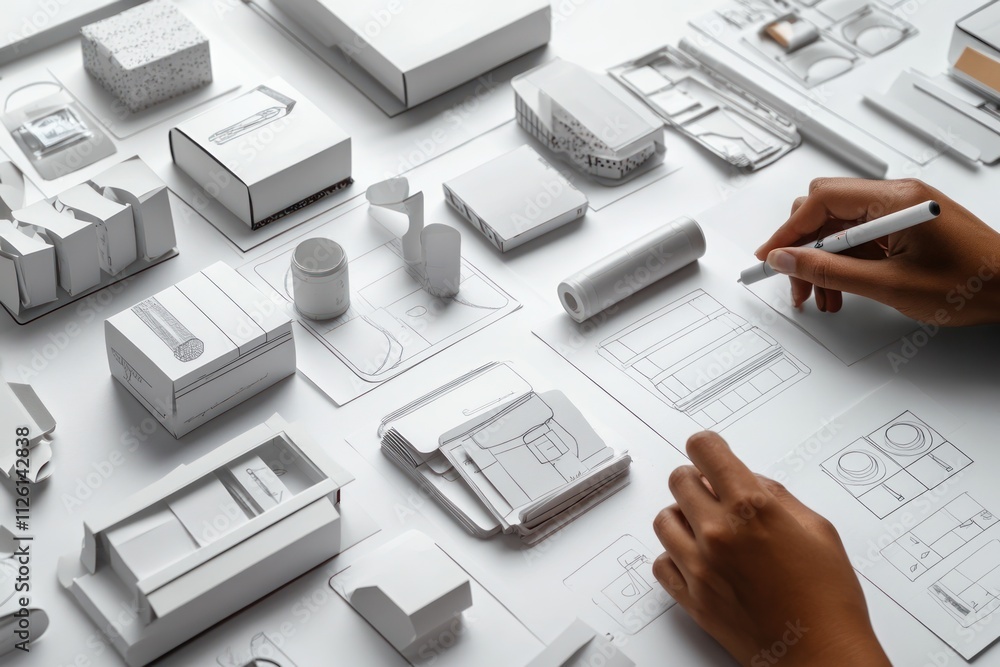 Poster A workspace featuring architectural models and sketches for design development.