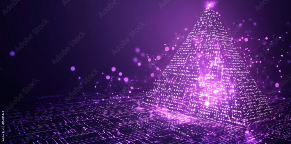 Poster a digital pyramid composed of glowing data points and circuits, symbolizing technology and innovatio