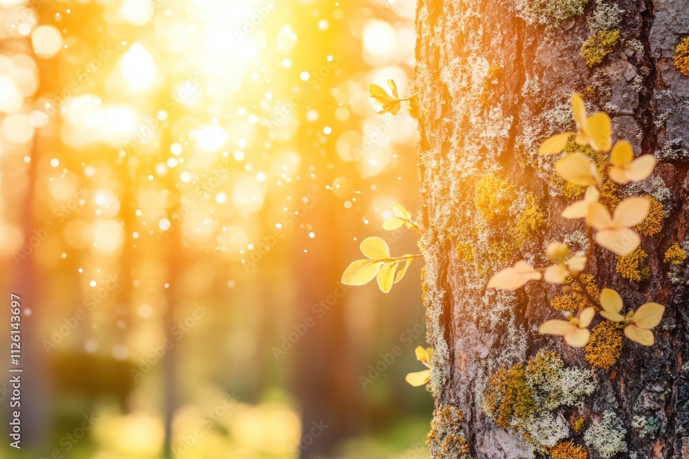 Poster a sunlit forest scene highlighting a tree trunk with leaves and soft glowing particles.