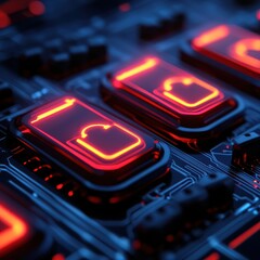 Fototapeta premium Parts seals automotive Close-up of illuminated circuit buttons with a futuristic red glow.