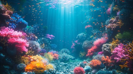 Fototapeta premium Vibrant Underwater Coral Reef with Fish and Sunbeams