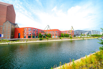 View of the surrounding area at the inner harbor in Duisburg an der Ruhr.
