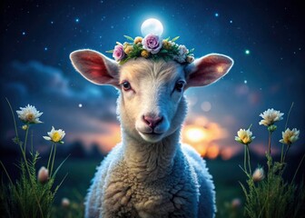 Cute Baby Lamb Flower Crown Night Photography, Adorable Lamb Night Scene, Spring Lamb, Dark Night Lamb, Floral Crown Lamb, Night Animal Photography