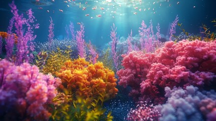 Naklejka premium Colorful Coral Reef with Sunbeams and Fish