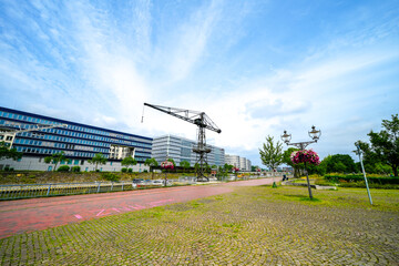 View of the surrounding area at the inner harbor in Duisburg an der Ruhr.
