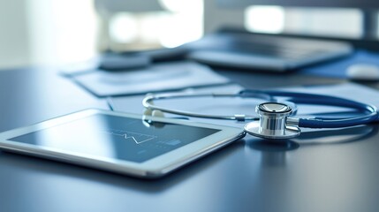 Medical Tablet with Stethoscope on Desk