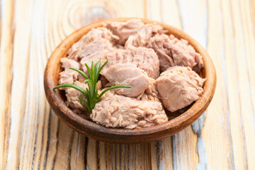 Canned tuna in bowl photography . Top view
