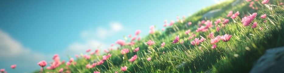 Obraz premium A vibrant field of pink flowers swaying in the breeze under a bright blue sky.