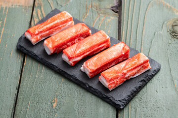 Crab sticks from fish surimi photography . Top view
