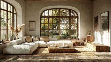 Cozy living room with arched window overlooking autumn garden.