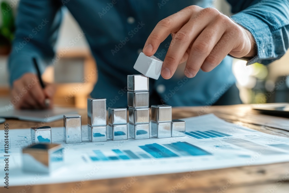 Poster A person stacking cubes on a graph, representing data analysis and business growth.