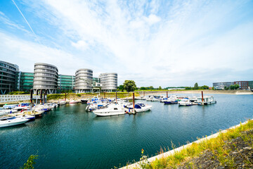 View of the surrounding area at the inner harbor in Duisburg an der Ruhr.
