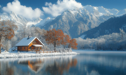 Obraz premium Wooden house on the shore of a mountain lake, on a winter day.