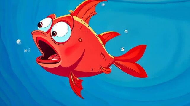 Red fish swimming and opening mouth in water